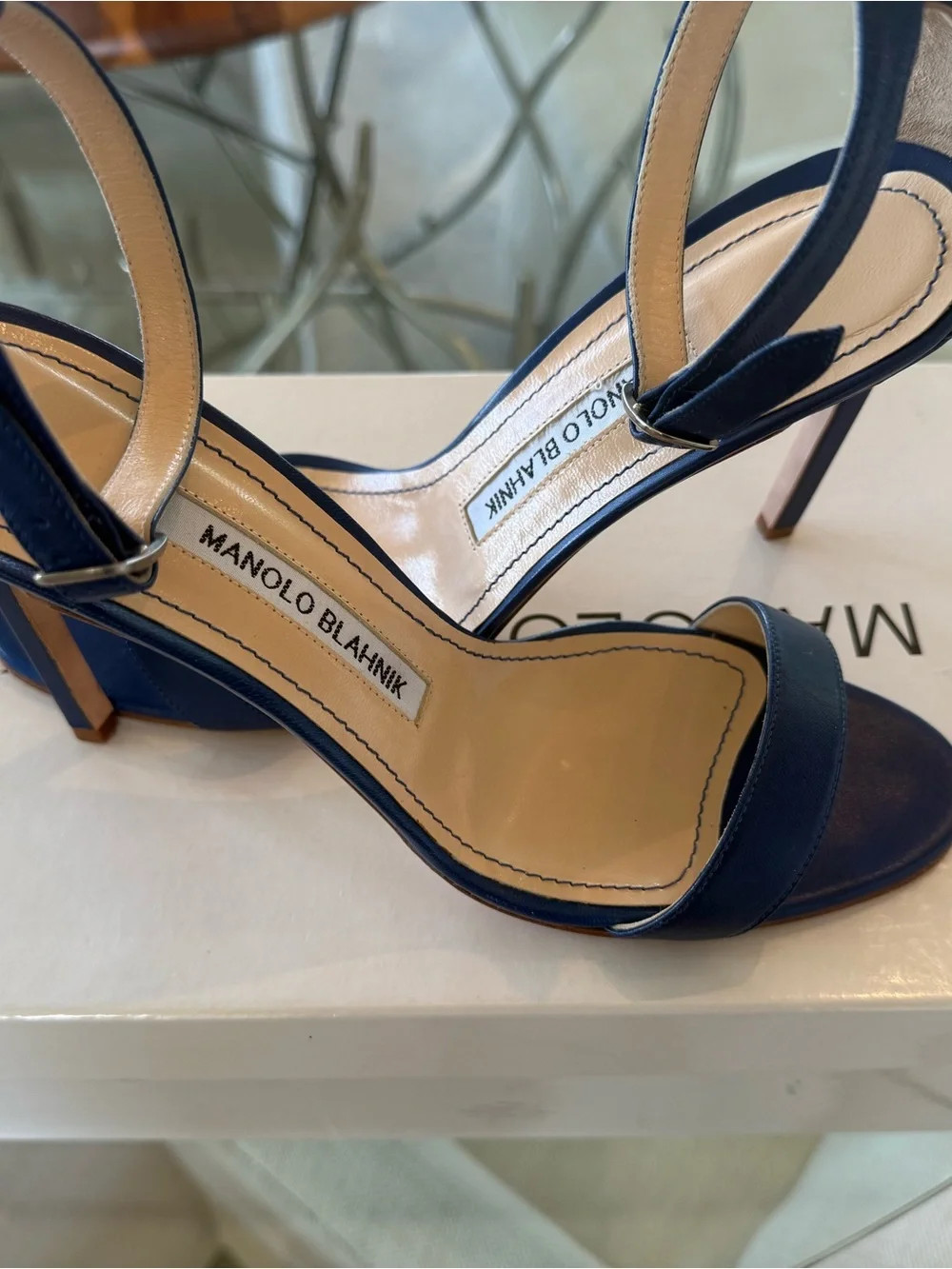 Manolo Blahnik Navy Leather Stiletto Sandals